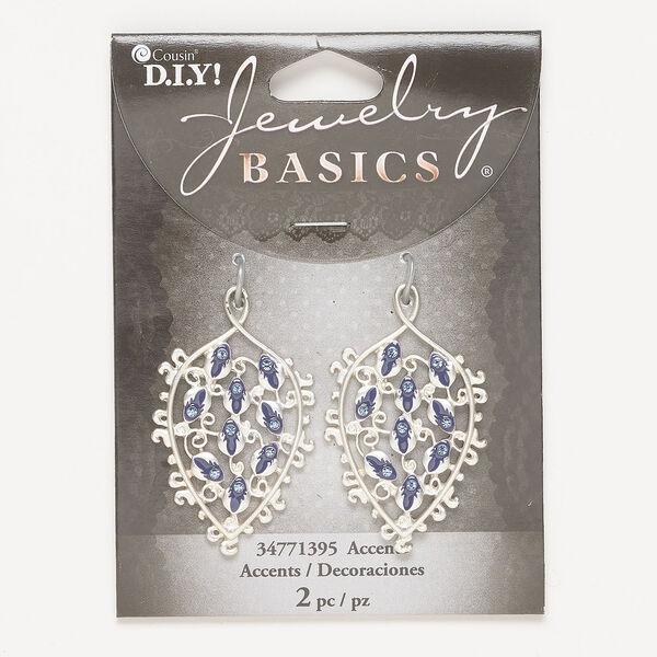 Focal 1pkg2, silver-finished brass / acrylic / enamel, blue and purple, 37x27mm filigree leaf. image number 0