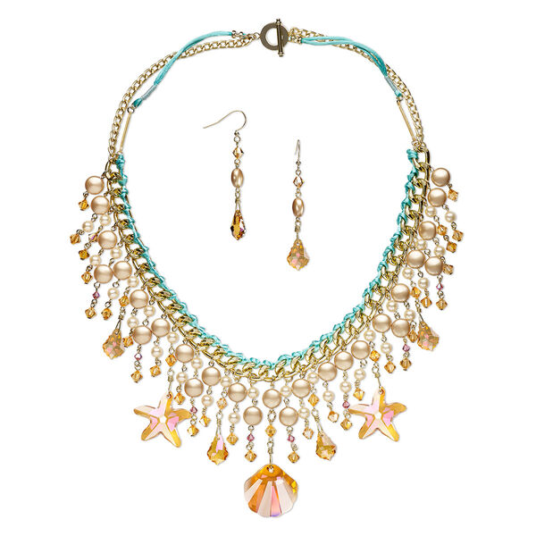 Necklace and earring set, One of a Kind Jewelry, gold-finished brass / crystal / satin cord, sunset and teal, 21-1/2 inch necklace. Only one available. image number 0