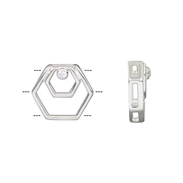 Slide, sterling silver and cubic zirconia, clear, 15x13mm single-sided open hexagon, 5x1mm hole. Sold individually. image number 0