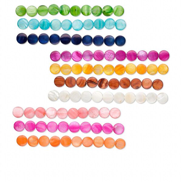 Bead, mother-of-pearl shell (bleached / dyed), assorted colors, 20mm flat round, Mohs hardness 3-1/2. Sold per pkg of (10) 15-1/2" to 16" strands. image number 0