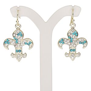 Earring, glass rhinestone with gold-finished brass and "pewter" (zinc-based alloy), clear and teal, 35mm with fleur-de-lis and fishhook ear wire. Sold per pair.