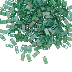 Seed bead, TILA®, glass, pkg/10g, 5x2.3mm half tila rectangle, translucent matte rainbow pistachio, (HTL-146FR).