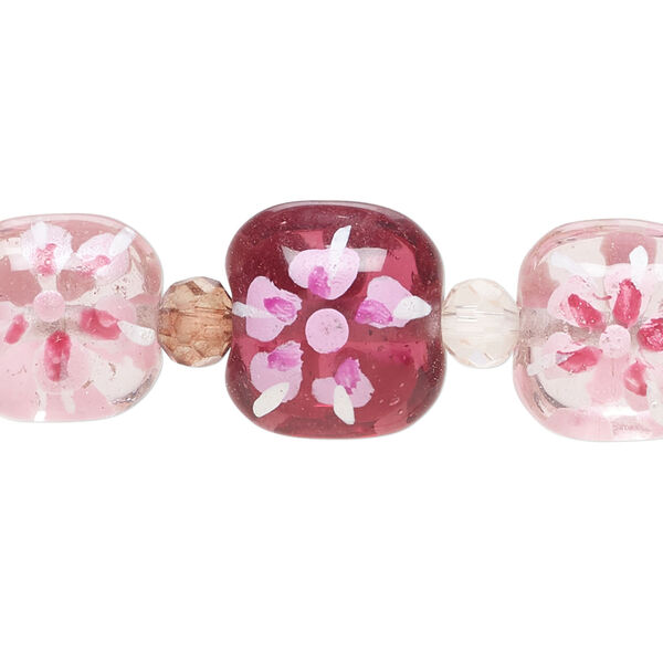 Bead, glass and lampworked glass, multicolored, 6mm faceted round and (9) 14x14mm double-sided puffed square with hand-painted flower design. Sold per 7-inch strand. image number 0