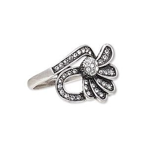 Ring, Austrian crystal and antique silver-plated "pewter" (zinc-based alloy), clear, 23x18mm flower, size 8. Sold individually.