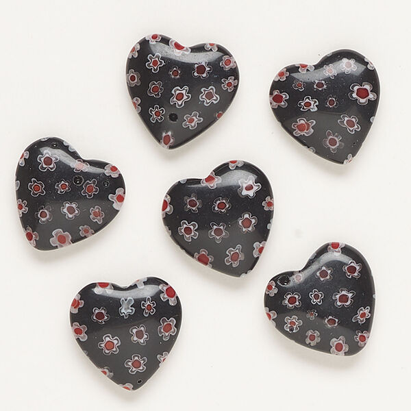 Bead, millefiori glass, opaque black / red / white, 16-18mm half-drilled puffed heart. Sold per pkg of 6. image number 0