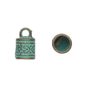 Cord end, glue-in, antique brass-plated "pewter" (zinc-based alloy), green patina, 11x10mm barrel with fancy heart design, 7mm inside diameter. Sold per pkg of 10.