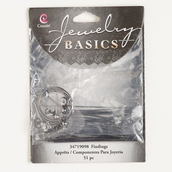 Finding and component assortment, steel, pkg/51, head pin / eye pin / earstud / earnut / earring hoop, gunmetal finish. image number 0