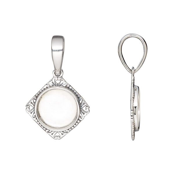 Pendant, antiqued sterling silver, 16mm diamond with beaded rim and 10mm round bezel setting. Sold individually. image number 0