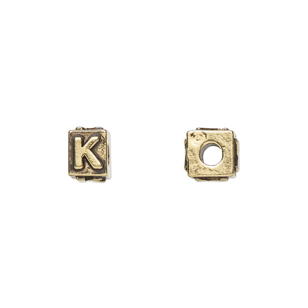 Bead, antique gold-plated pewter (tin-based alloy), 8x6mm rectangle with alphabet letter "K." Sold per pkg of 4. image number 0