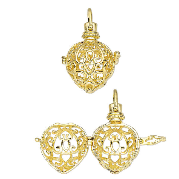 Drop, gold-finished brass, 29x20.5mm heart bead cage with fancy heart cutouts and safety latch, fits 14mm round bead. Sold individually. image number 0
