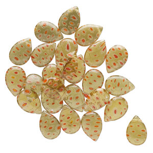 Bead, millefiori glass, translucent yellow-green / white / red-orange, 18x13mm-19x14mm top-drilled puffed teardrop. Sold per pkg of 25.