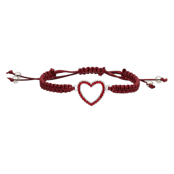 Bracelet, nylon / glass rhinestone / silver-finished "pewter" (zinc-based alloy), dark red and red, 22mm wide with 24x22mm open heart, adjustable from 6-1/2 to 9-1/2 inches with macramé knot closure. Sold individually. image number 0
