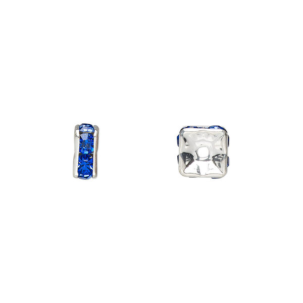 Bead, glass rhinestone and silver-plated brass, sapphire blue, 6x3mm squaredelle. Sold per pkg of 10. image number 0