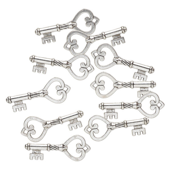 Focal, antique silver-finished "pewter" (zinc-based alloy), 43x19mm key with heart. Sold per pkg of 10. image number 0
