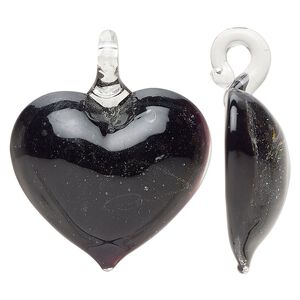 Focal, lampworked glass, clear and translucent dark purple, 34x30-36x33mm domed heart. Sold individually.