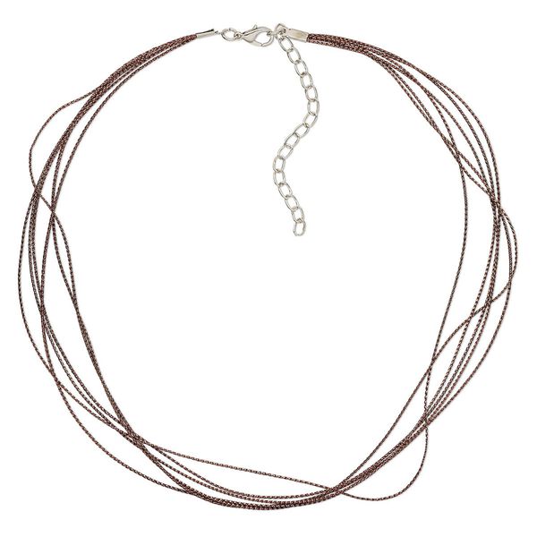 Necklace cord, 5-6 strand, polyester with silver-finished steel and "pewter" (zinc-based alloy), brown, 0.8mm wide, 16 inches with 2-1/2 inch extender chain and lobster claw clasp. Sold per pkg of 10. image number 0