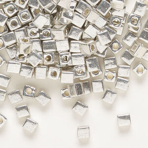 Seed bead, Miyuki 1pkg10g, glass, 3.5-3.7mm square, opaque metallic silver (SB-1051)