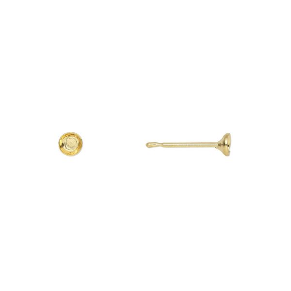 Earstud 1pkg100 gold-plated, 3mm cup / 3-5mm round glue-in setting, stainless steel 50 pair image number 0