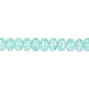Bead, Czech fire-polished glass, light aqua AB, 7x5mm faceted rondelle. Sold per 15-1/2" to 16" strand.