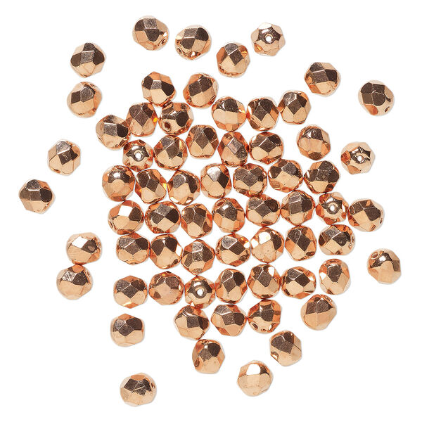 Bead, Preciosa Czech fire-polished glass 1pkg1mass, opaque copper-plated clear, 6mm faceted round. image number 1