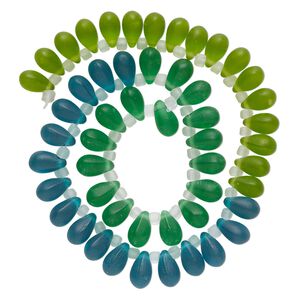 Bead, glass, translucent matte light green, green and teal, 11x7mm top-drilled teardrop with irregular rondelles. Sold per 14-inch strand.