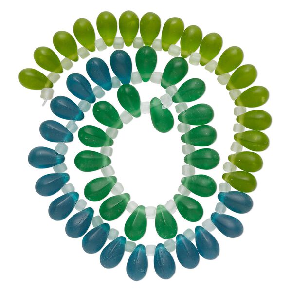 Bead, glass, translucent matte light green, green and teal, 11x7mm top-drilled teardrop with irregular rondelles. Sold per 14-inch strand. image number 0