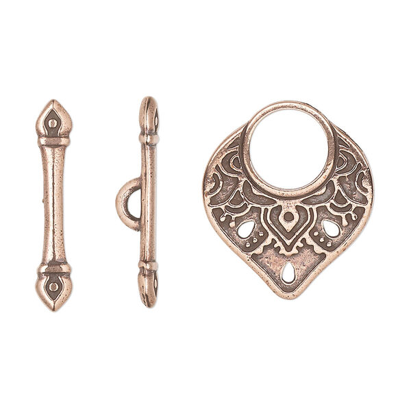 Clasp, TierraCast®, 3-strand toggle, antique copper-plated pewter (tin-based alloy), 21x18.5mm double-sided temple with Caravan theme. Sold individually. image number 0