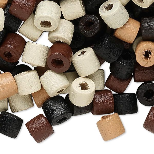 Bead mix, wood, natural / browns / black, 7x6mm heishi. Sold per 90-gram pkg, approximately 760 beads. image number 0