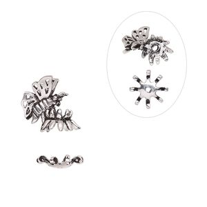Bead cap, antique silver-plated bronze, 11mm butterfly and 10mm bottom cap, fits 8-10mm bead. Sold per 2-piece set.