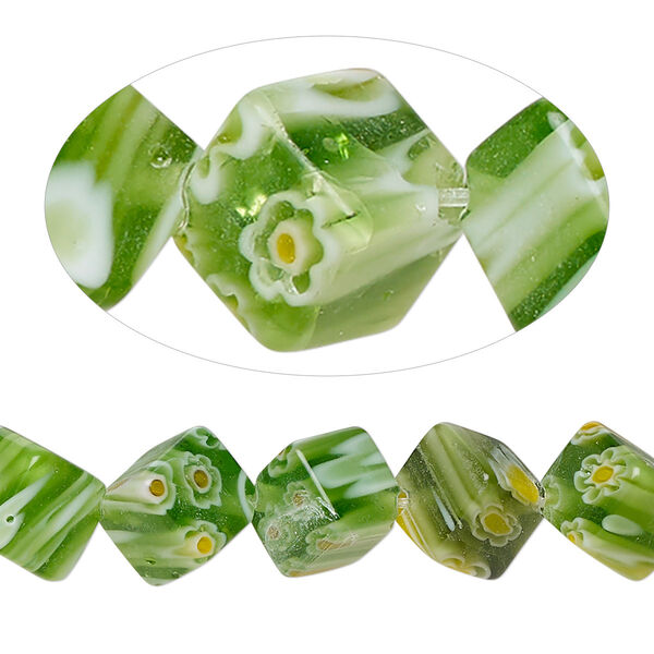 Bead, millefiori glass, translucent green / yellow / white, 9mm-10x9mm diagonally-drilled cube with 0.6-0.8mm hole. Sold per 15-inch strand. image number 0