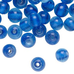 Bead, glass, translucent medium blue, 9mm round. Sold per 2-ounce pkg, approximately 75 beads.