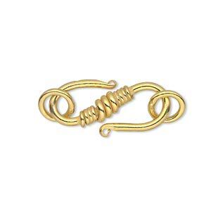 Clasp S-hook 1pkg4, 25x11mm / 8mm closed jump ring, gold-finished copper 1-strand
