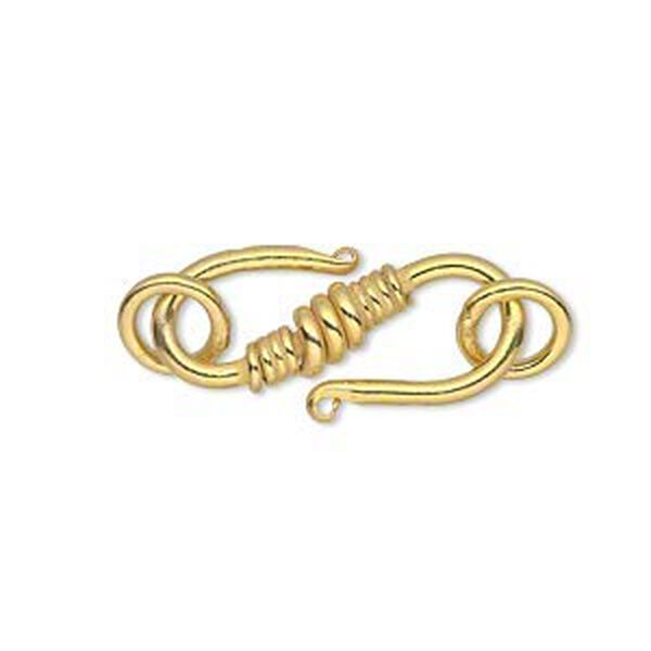 Clasp, S-hook, gold-finished copper, 25x11mm with (2) 8mm closed jump rings. Sold per pkg of 4. image number 0