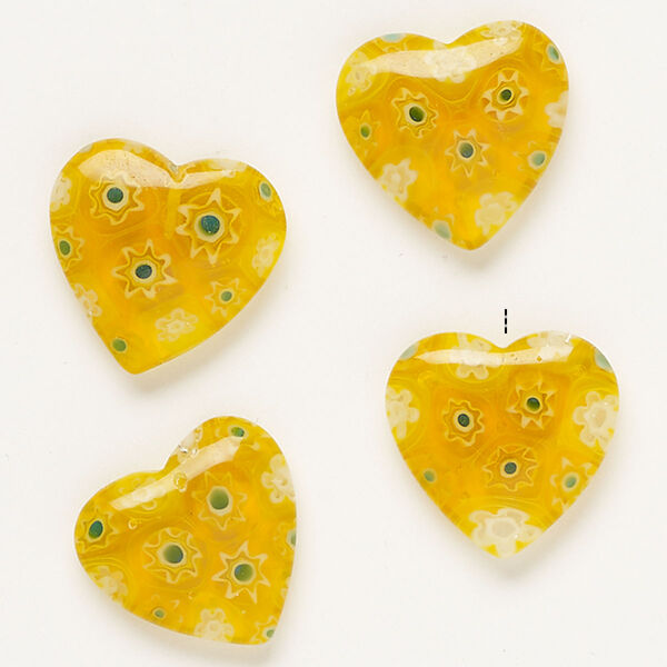 Bead, millefiori glass, translucent yellow-orange and multicolored, 18-20mm half-drilled puffed heart. Sold per pkg of 4. image number 0
