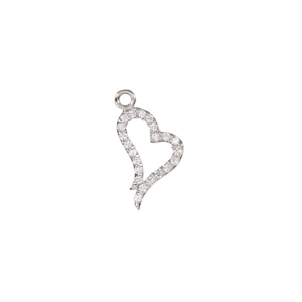 Charm, cubic zirconia and rhodium-plated sterling silver, clear, 14.5x9mm single-sided open heart. Sold individually. image number 0
