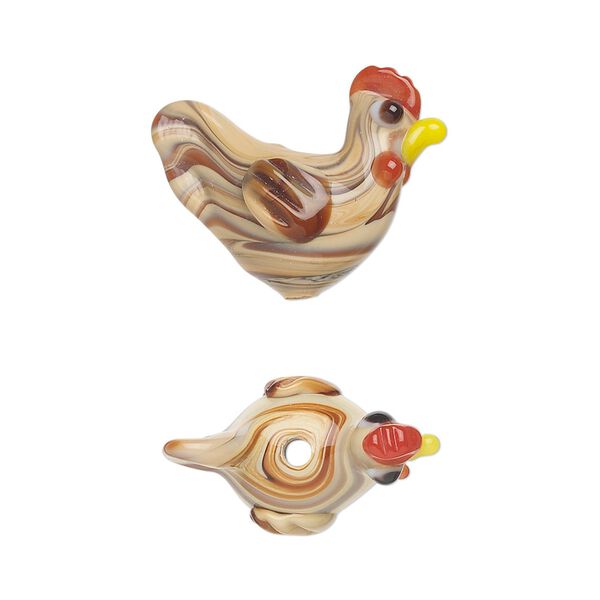 Bead, lampworked glass, multicolored, 21x17mm chicken. Sold per pkg of 4. image number 0