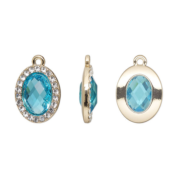 Drop, glass / glass rhinestone / gold-finished "pewter" (zinc-based alloy), clear and transparent sapphire blue, 19x15.5mm single-sided oval. Sold per pkg of 2. image number 0