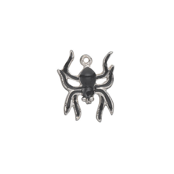 Charm, silver-plated "pewter" (zinc-based alloy) and enamel, black, 18x14mm single-sided spider. Sold individually. image number 0