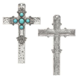 Focal, "turquoise" (resin) (imitation) and antique silver-finished "pewter" (zinc-based alloy), turquoise blue, 69x42mm single-sided cross. Sold individually.