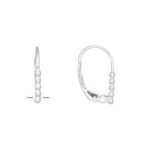 Ear wire leverback 1pkg2 sterling silver, 16mm beaded / closed loop, 1 pair
