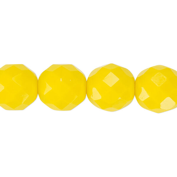 Bead, Czech fire-polished glass, pkg/15-1/2 to 16 inches, 12mm faceted round, opaque yellow, (83120). image number 0