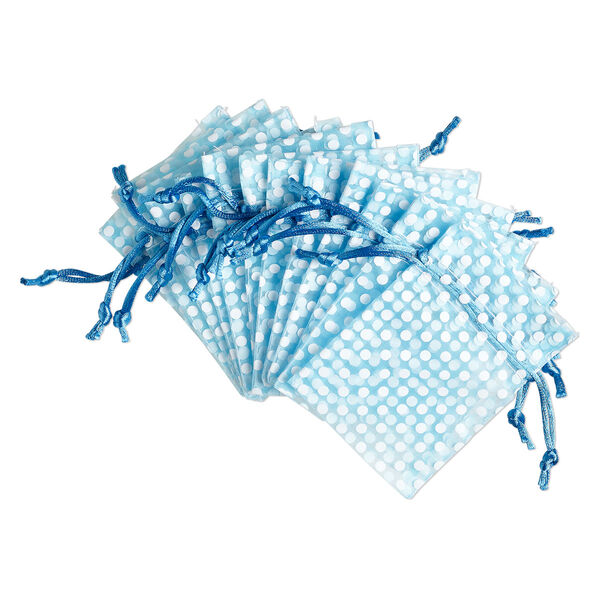 Pouch, organza, turquoise blue and white, 4x3 inches with dots pattern and drawstring closure. Sold per pkg of 12. image number 0