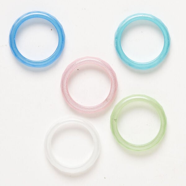 Ring mix 1pkg5, Just for Fun, cat's eye glass (fiber optic glass), mixed colors, 5-6mm faceted, sizes 7-9. image number 1