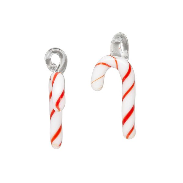 Drop, lampworked glass, opaque red and white, 16x8mm-22x12mm candy cane. Sold per pkg of 2. image number 0