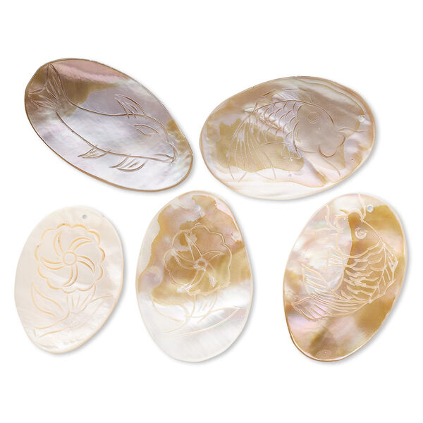 Focal mix, mother-of-pearl shell (natural / bleached), white, 30mm-61x46mm hand-carved mixed shape with mixed design, Mohs hardness 3-1/2. Sold per pkg of 5. image number 0