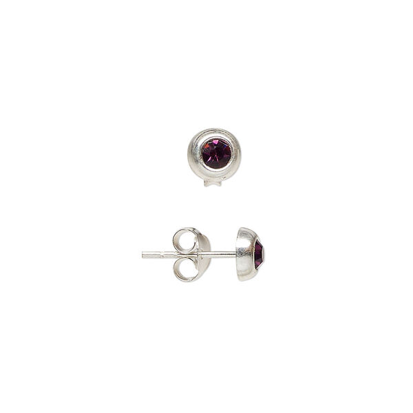 Ear stud, sterling silver and glass, amethyst purple, 6mm flower. Sold per pair. image number 0