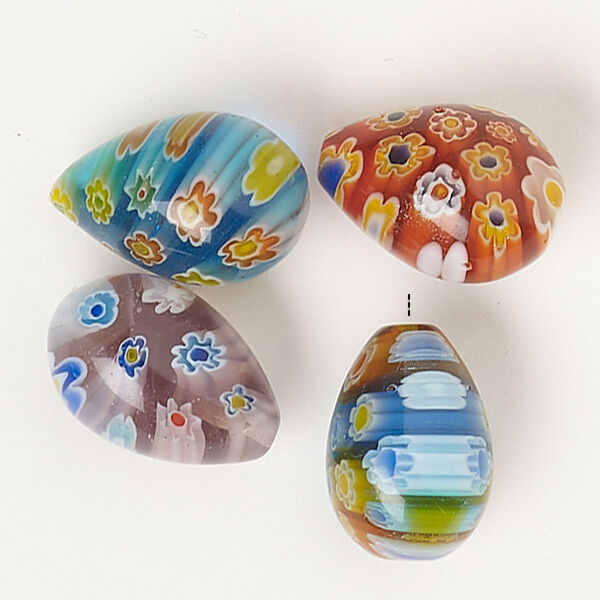 Bead, millefiori glass, translucent multicolored, 18x12mm-19x13mm half-drilled teardrop. Sold per pkg of 4. image number 0