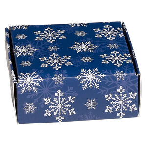 Box, paper, dark blue and white, 3x3x1-inch unassembled square with snowflake design. Sold per pkg of 10.