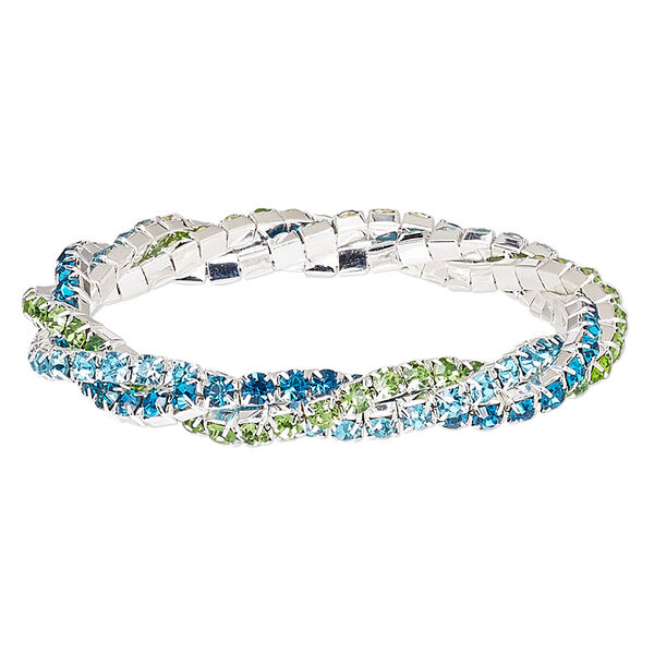 Bracelet, stretch, glass rhinestone and silver-plated brass, aqua blue / Mediterranean blue / green, 9mm wide braided cupchain, 7 inches. Sold individually. image number 0