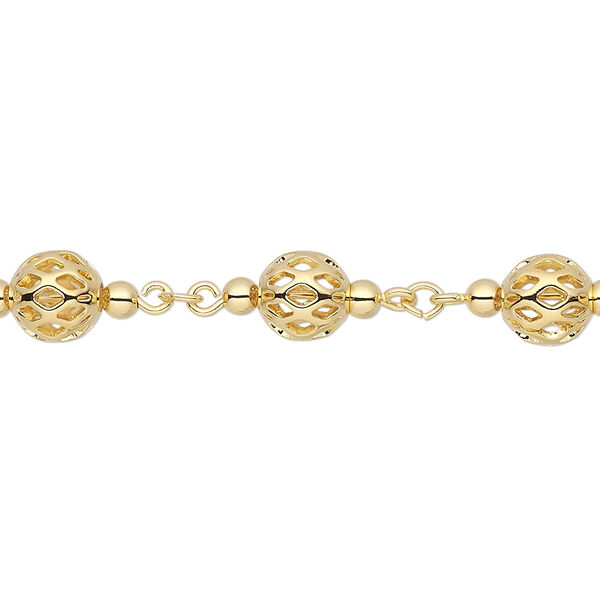 Chain, gold-plated brass, 6mm beaded filigree. Sold per pkg of 5 feet. image number 0